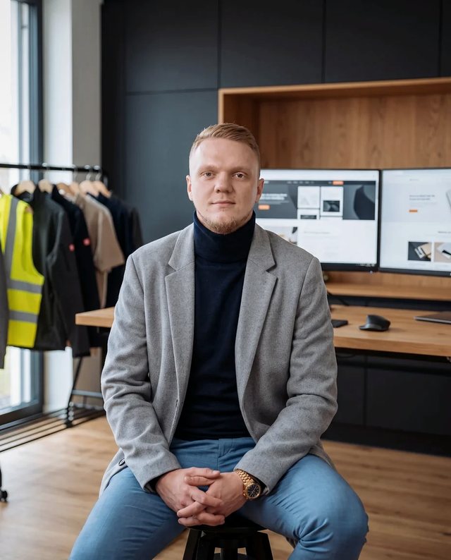 Marko Reiswich im Büro in Garrel, hinter ihm zwei Bildschirme und Arbeitskleidung