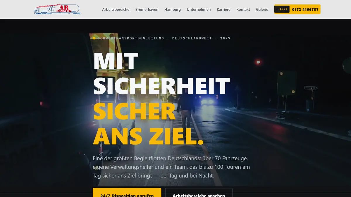 Startseite der Website von AR Schwertransport